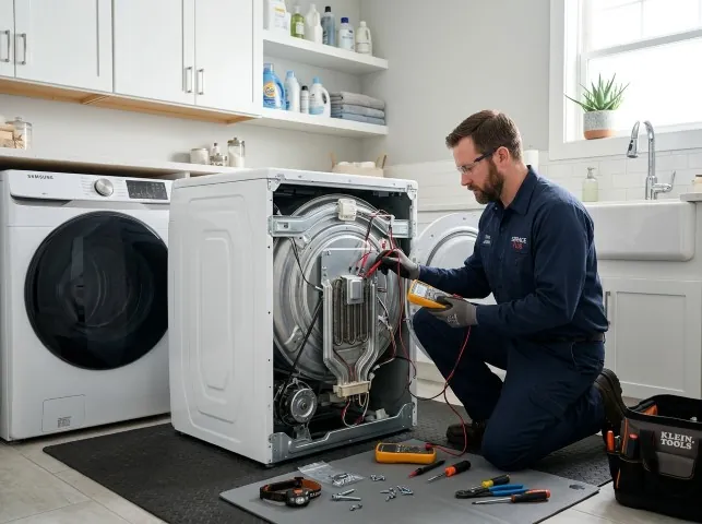 Appliance Repair Hero technician checking a dryer heating element with the rear panel off in Bryn Mawr, CA